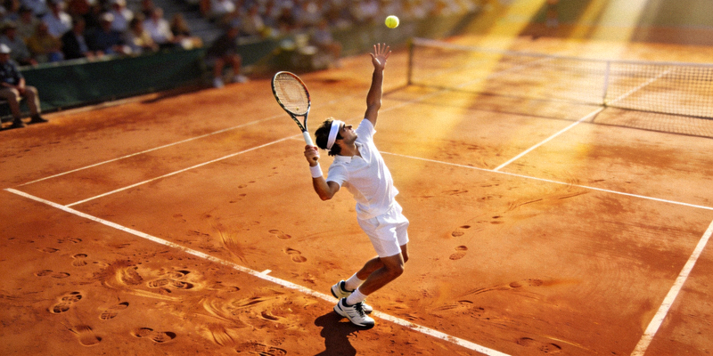 Tennis player serving the ball on a clay court during a match